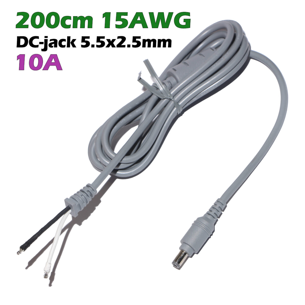 Кабель питания 10А со штекером DC-jack 5.5x2.5mm male 15AWG с фильтром (200 cm под пайку) – Фото №2