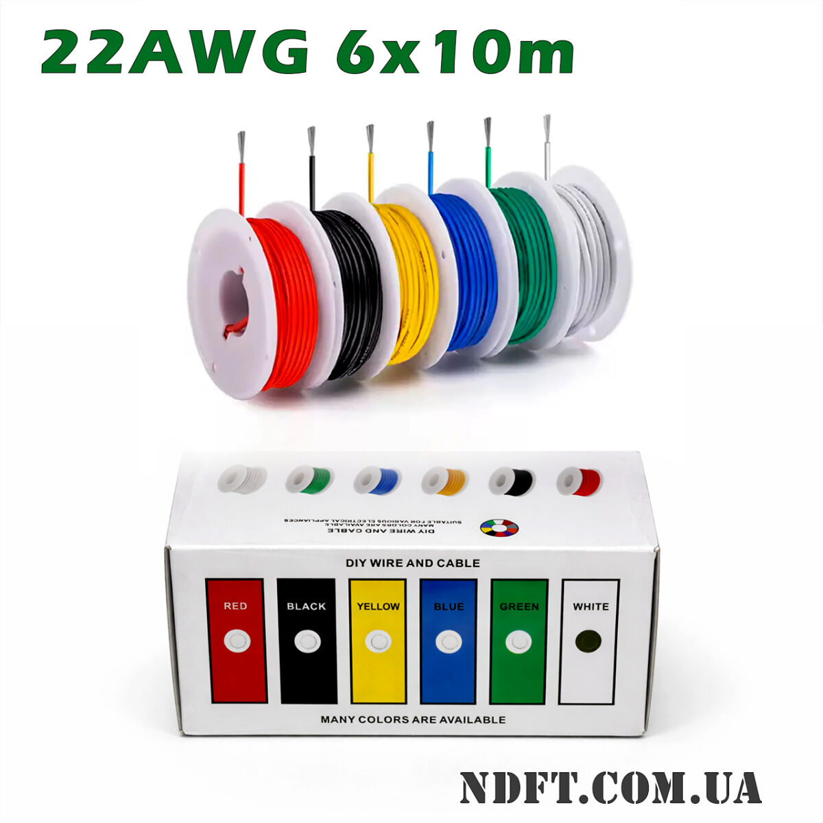 Набір проводів 22AWG 0.3mm² 6 кольорів по 10м у силіконовій ізоляції (червоний, чорний, жовтий, синій, зелений, білий) – Фото №2