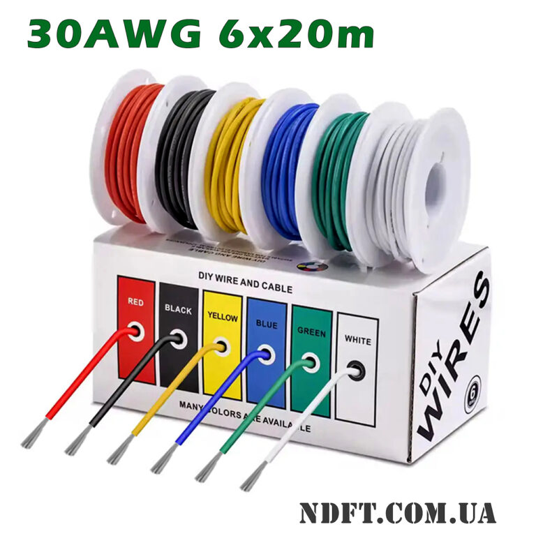 Набор проводов 30AWG 0.055mm² 6 цветов по 10м в силиконовой изоляции (красный, черный, желтый, синий, зеленый, белый) – Фото №1
