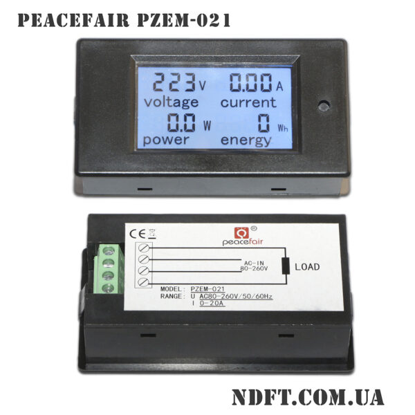 Встраиваемый ваттметр 80-260VAC/20А LCD (PeaceFair PZEM-021, измерение напряжения, тока, мощности) – Фото №1
