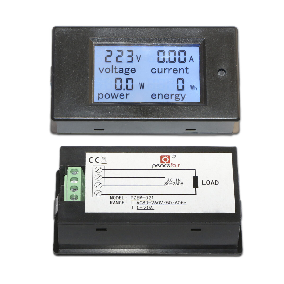 Встраиваемый ваттметр 80-260VAC/20А LCD (PeaceFair PZEM-021, измерение напряжения, тока, мощности) – Фото №5
