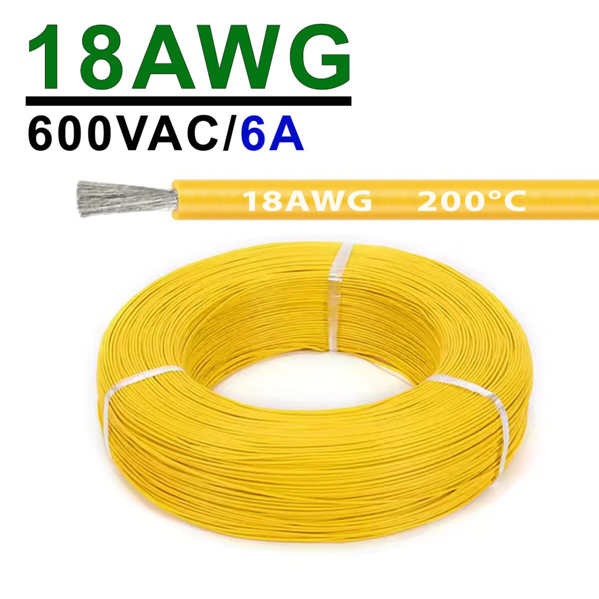 Силиконовый провод 18AWG 0.75mm² 200м бухта, луженая медь, термостойкий, одножильный многопроволочный (желтый) – Фото №2