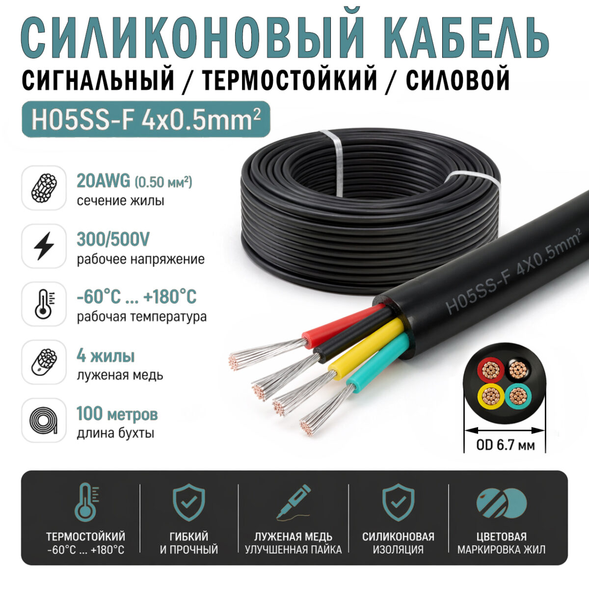 Силіконовий сигнальний кабель H05SS-F 4x0.5mm² 300/500V, 4 жили, луджена мідь, надгнучкий 4*20AWG (чорний) – Фото №1