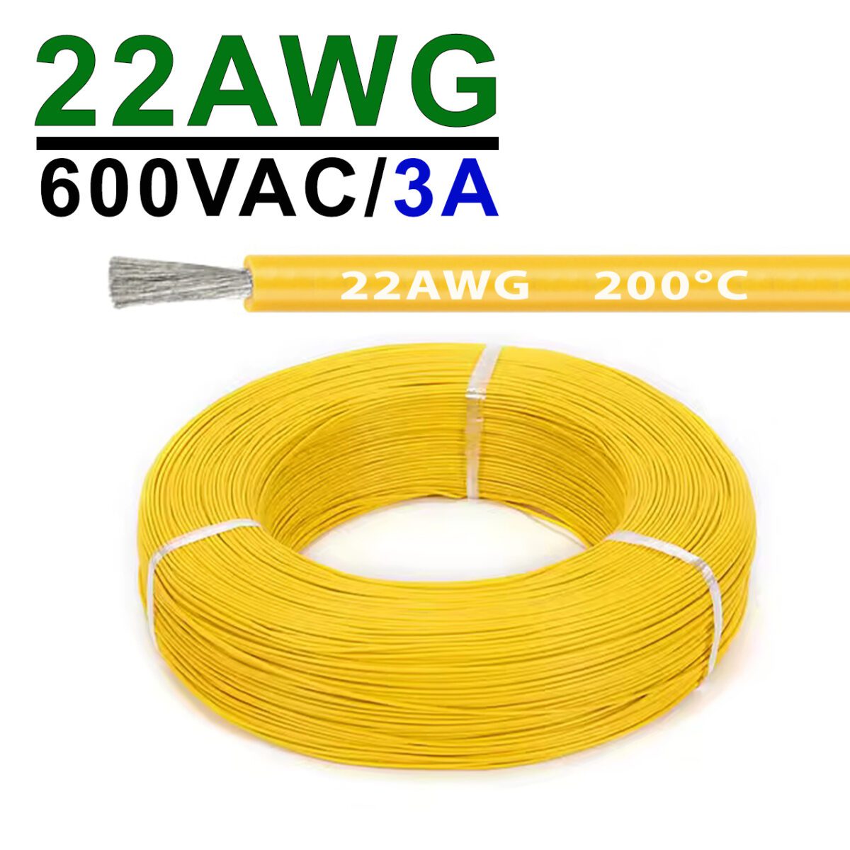 Силиконовый провод 22AWG 0.3mm² 400м бухта, луженая медь, термостойкий, одножильный многопроволочный (желтый) – Фото №2