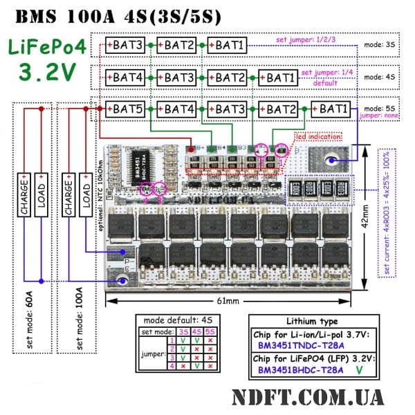 Модуль защиты BMS 4S (3S, 5S) 100А LiFePO4 3.2V с балансировкой 00