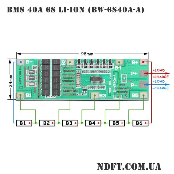 Модуль защиты BMS 6S 40А с балансировкой Li-ion BW-6S40A-A 01