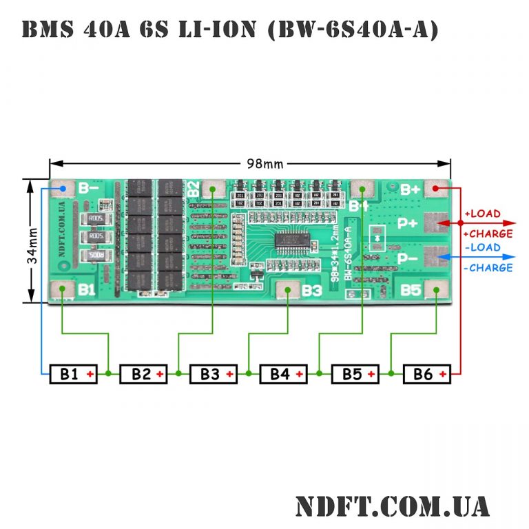 Модуль защиты BMS 6S 40А с балансировкой Li-ion BW-6S40A-A 01