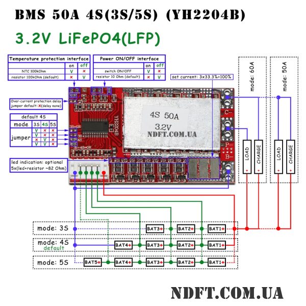 Модуль защиты BMS 4S (3S, 5S) 50A LiFePO4 3.2V с балансировкой YH2204B 01