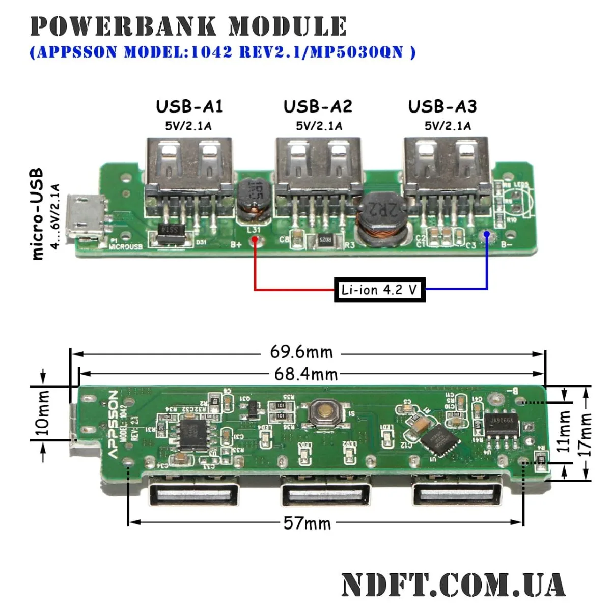 Модуль для сборки повербанка 1S Li-ion 4.2V 3xUSB-A/2.1A на MP5030QN (APPSSON MODEL