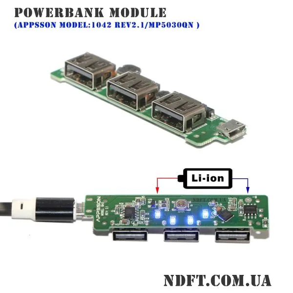 Модуль для сборки повербанка 1S Li-ion 4.2V 3xUSB-A/2.1A на MP5030QN (APPSSON MODEL