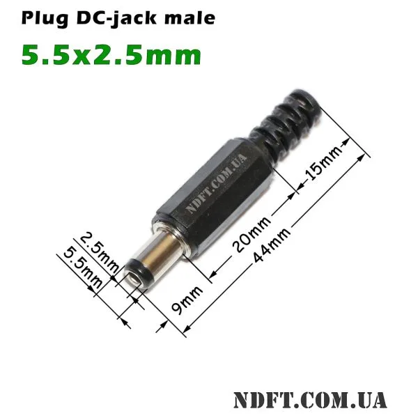 Штекер живлення DC-jack 5.5х2.5mm (44mm) пластиковий корпус 02