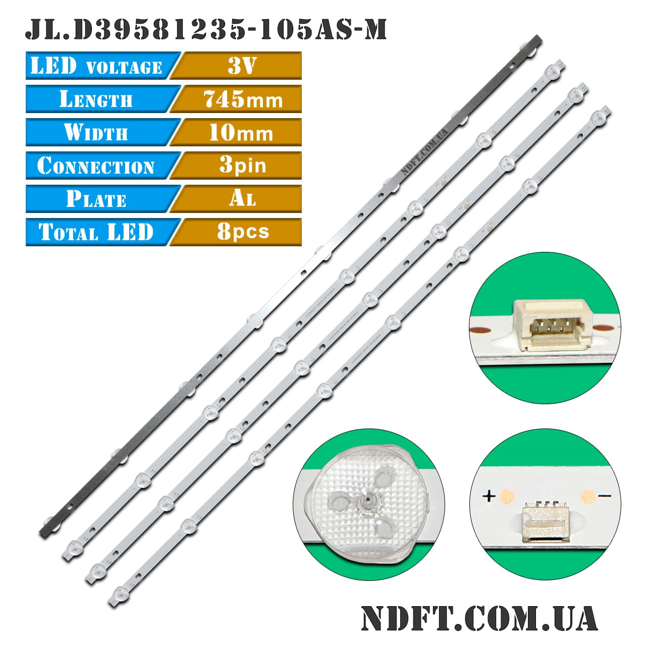 JL.D39581235-105AS-M (DLED38.5AHXL 4X8 0002, SNT-D385X01-4X8, XL-D385-2835-8S1P-350MA24V) – Комплект планок LED подсветки для телевизоров 39″-42″ • NdFT Комплектующие для телевизоров и мониторов, светодиоды подсветки, LED