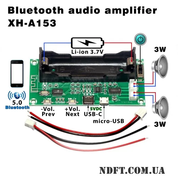 XH-A153 – Модуль bluetooth 5.0 стерео-підсилювача звуку 2x3W на PAM840 00