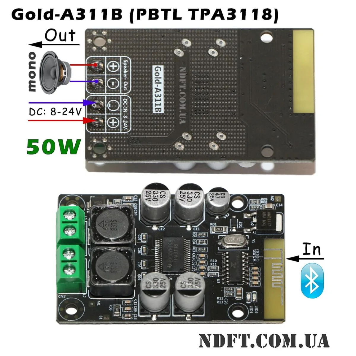 Модуль моно аудіо підсилювача 50W з bluetooth (Gold-A311B на TPA3118 PBTL) 01