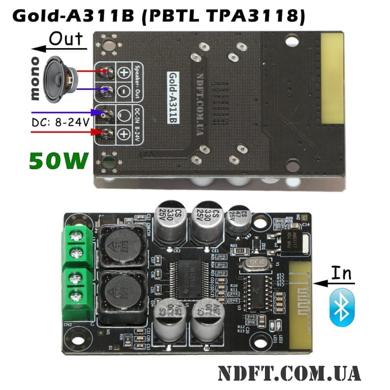 Модуль моно аудио усилителя 50W с bluetooth (Gold-A311B на TPA3118 PBTL) 01