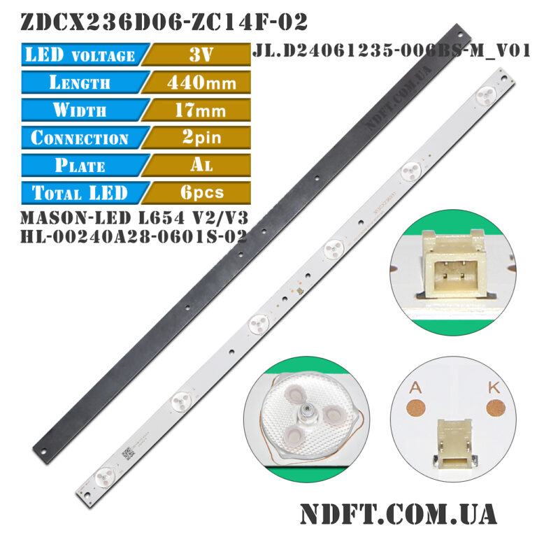 ZDCX236D06-ZC14F-02 (440mm, 3V/6LED, MASON-LED L654 V2 V3, HL-00240A28-0601S-02 A5, JL.D24061235-006BS-M_V01) – LED підсвітка TV 24″ (комплект) – Фото №1